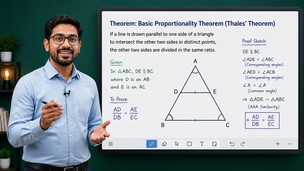 AI teacher explaining Thales' Theorem on a digital whiteboard